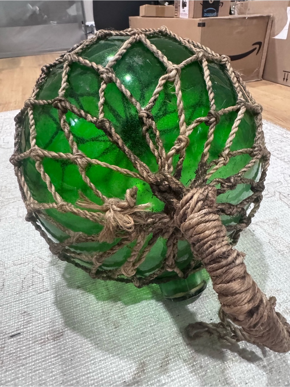 Vintage Glass Fishing Float with Rope Net - Green
